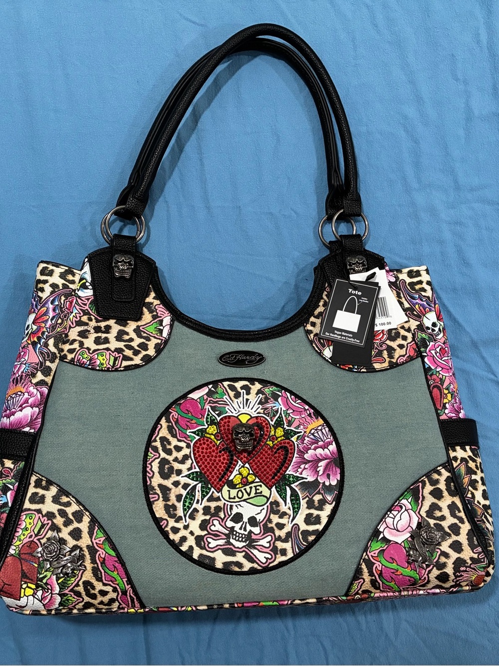 Ed Hardy Tote with Leopard & Tattoo Floral Accents